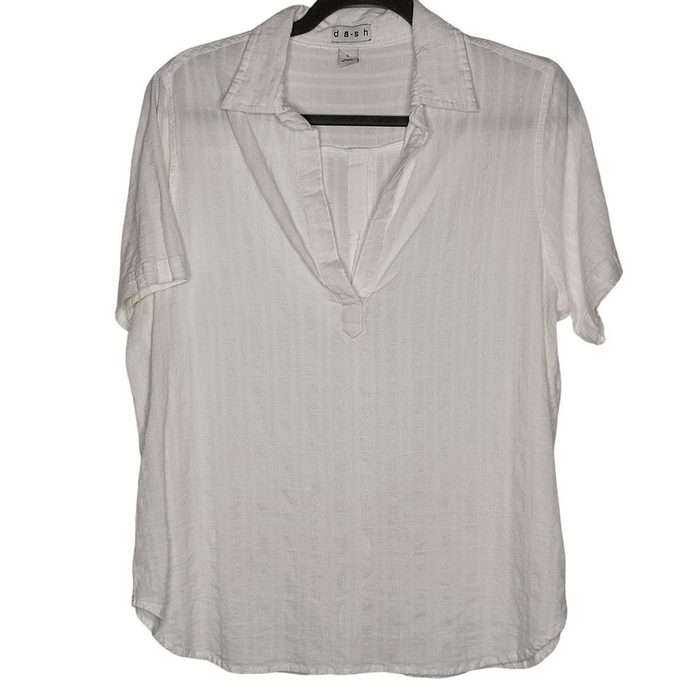 Dash Top Blouse L White Cotton Rayon Button Back Pull Over Vneck Boho Minimalist - Picture 2 of 9